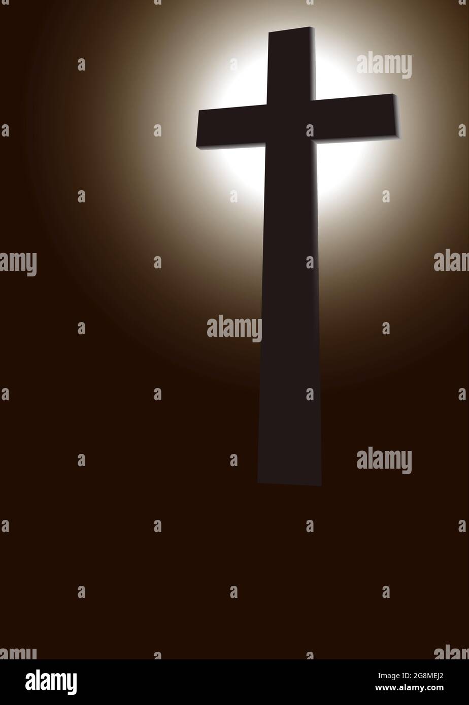 Vector illustration of silhouette of a cross backlit against a dark