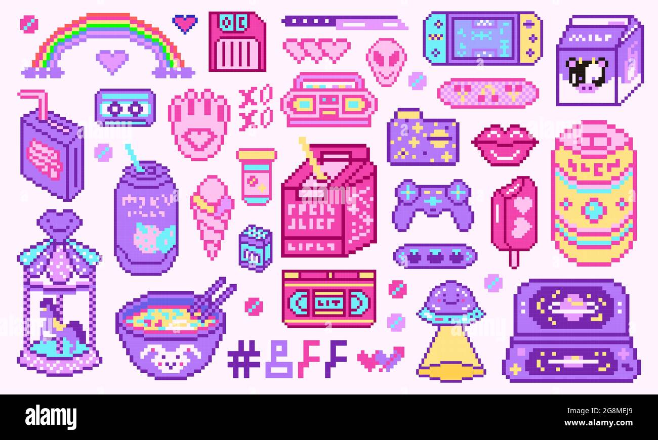 Pixel art 8 bit objects. Retro digital game assets. Set of Pink ...