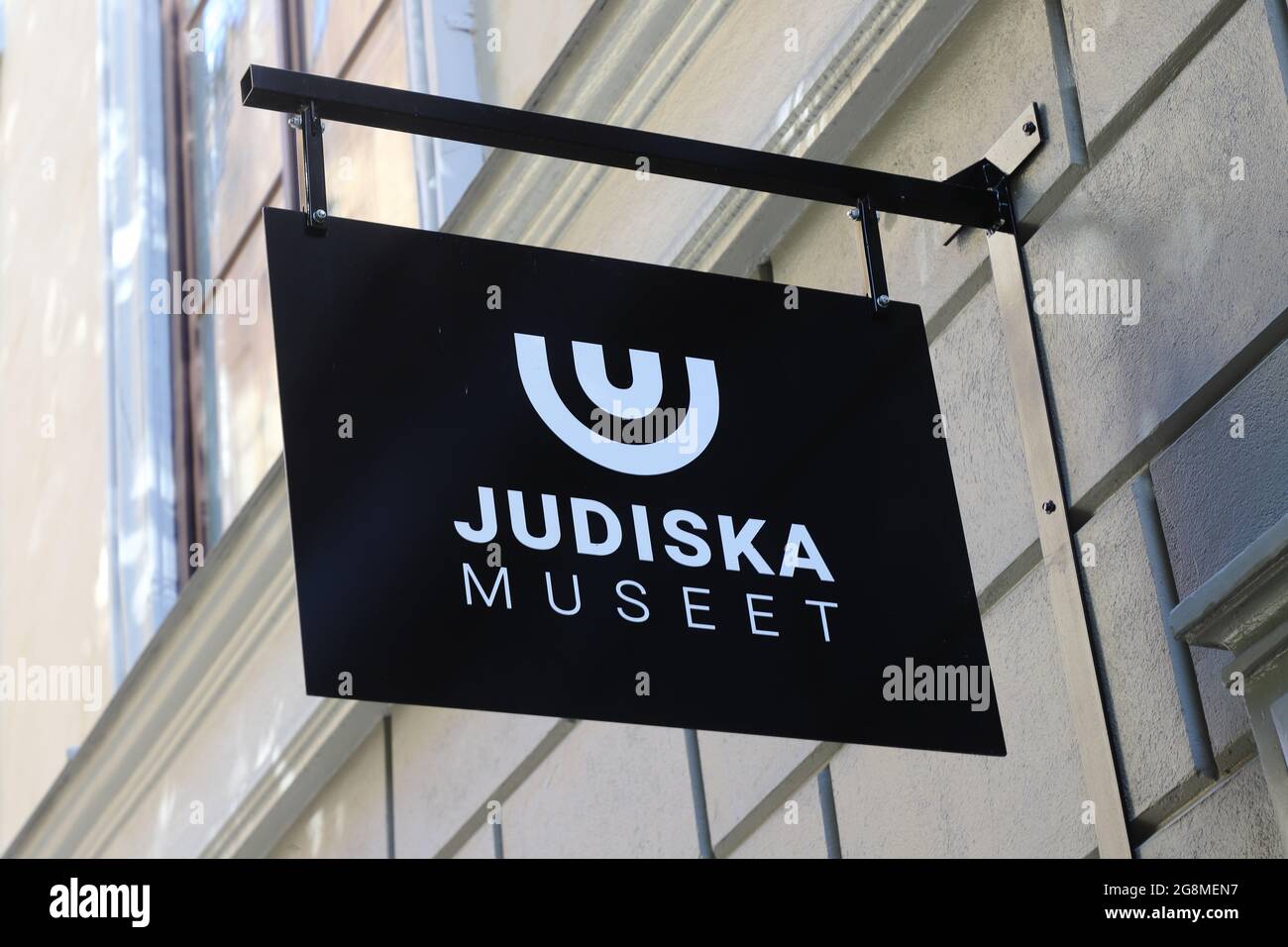 Stockholm, Sweden July 21, 2021: The Swedish Jewish Museum entrance sign located in Old town district. Stock Photo