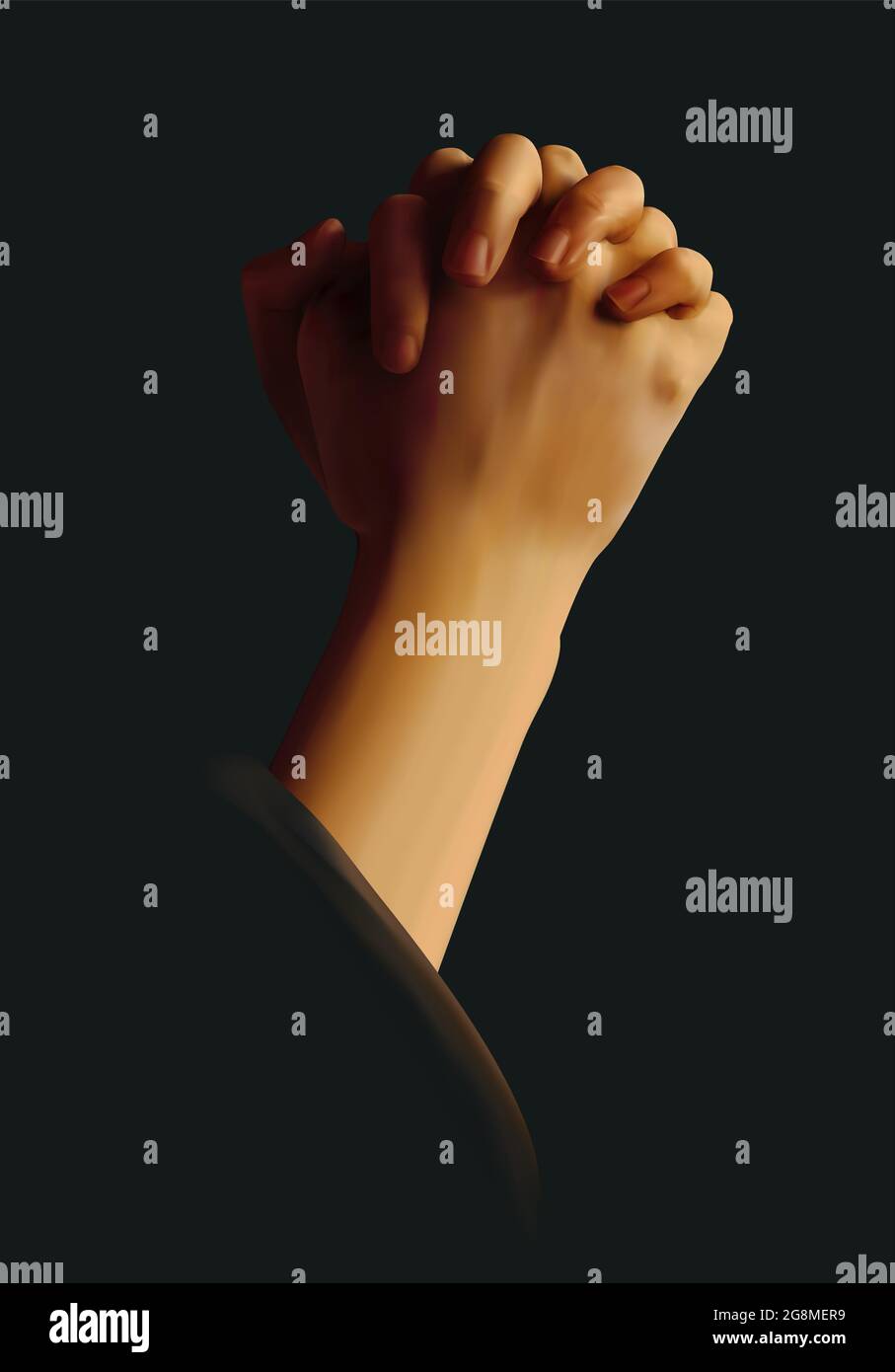 Realistic vector illustration of hands clasped in prayer against dark background Stock Vector