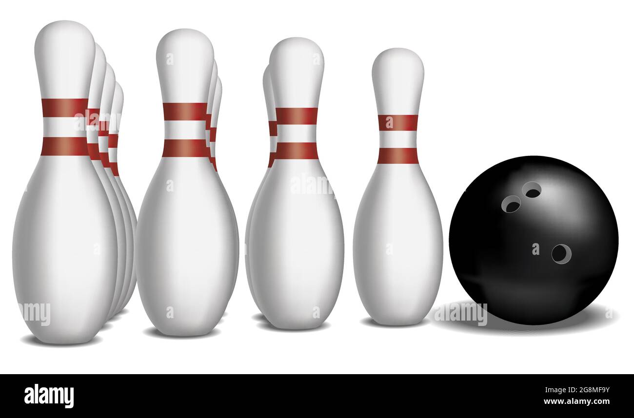 Vector illustration of tenpins about to be knocked over by a bowling ball Stock Vector