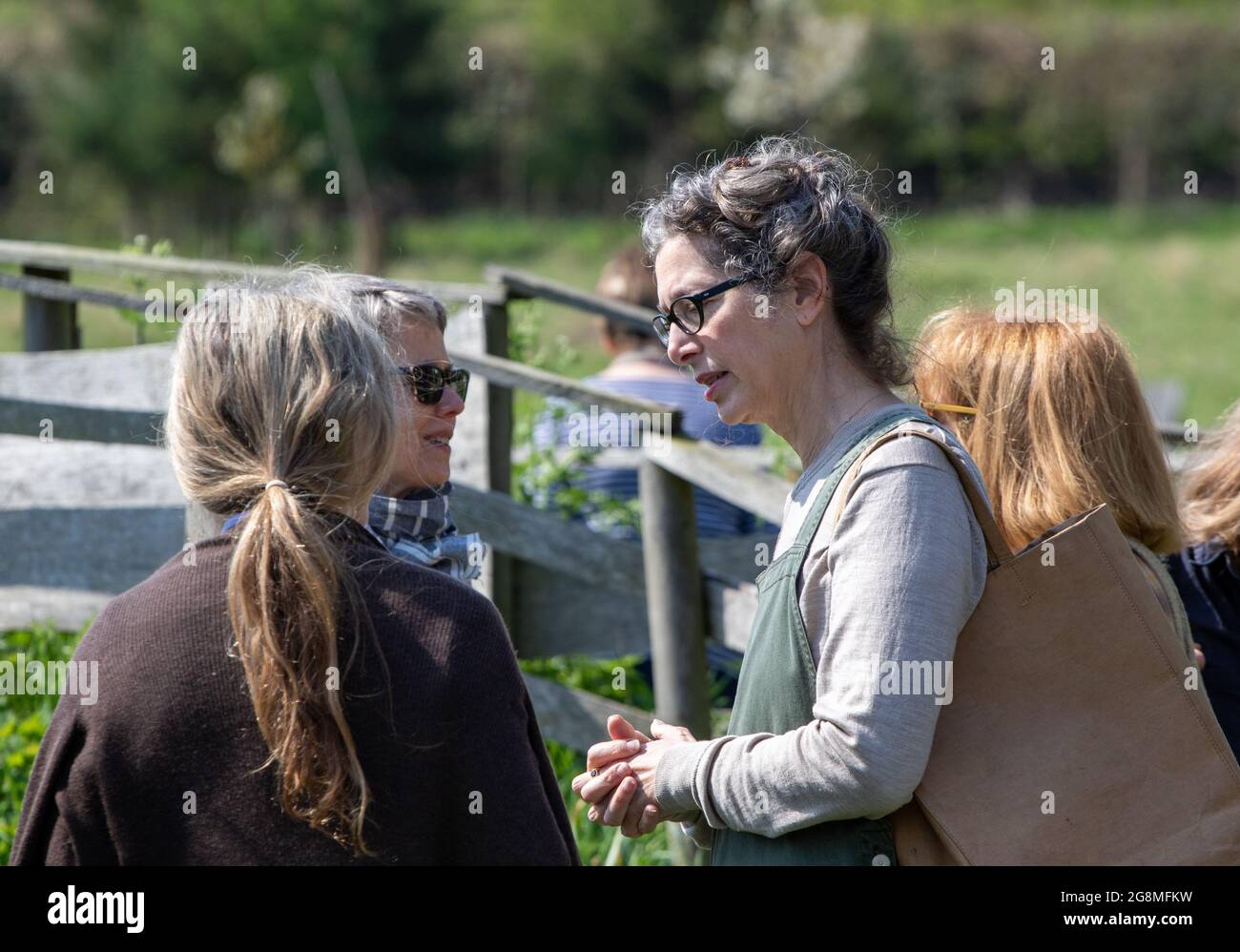 Women conversing at the Alde Valley Spring festival in Great Glemham Suffolk and 2018 Stock Photo