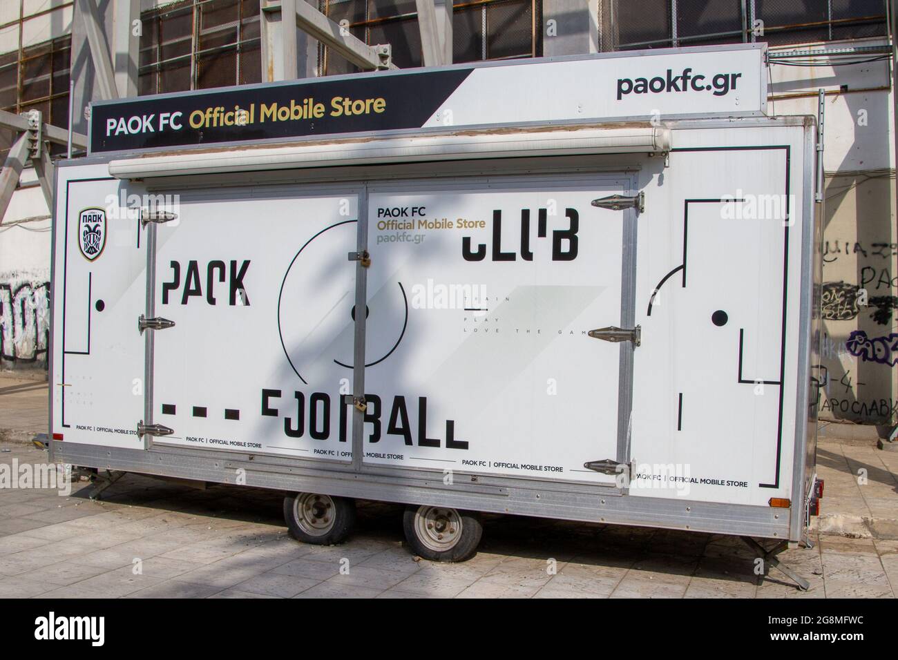 Thessaloniki, Greece, July 15, 2021. PAOK FC Official Mobile Store In front  of the PAOK Salonika football stadium Stock Photo - Alamy