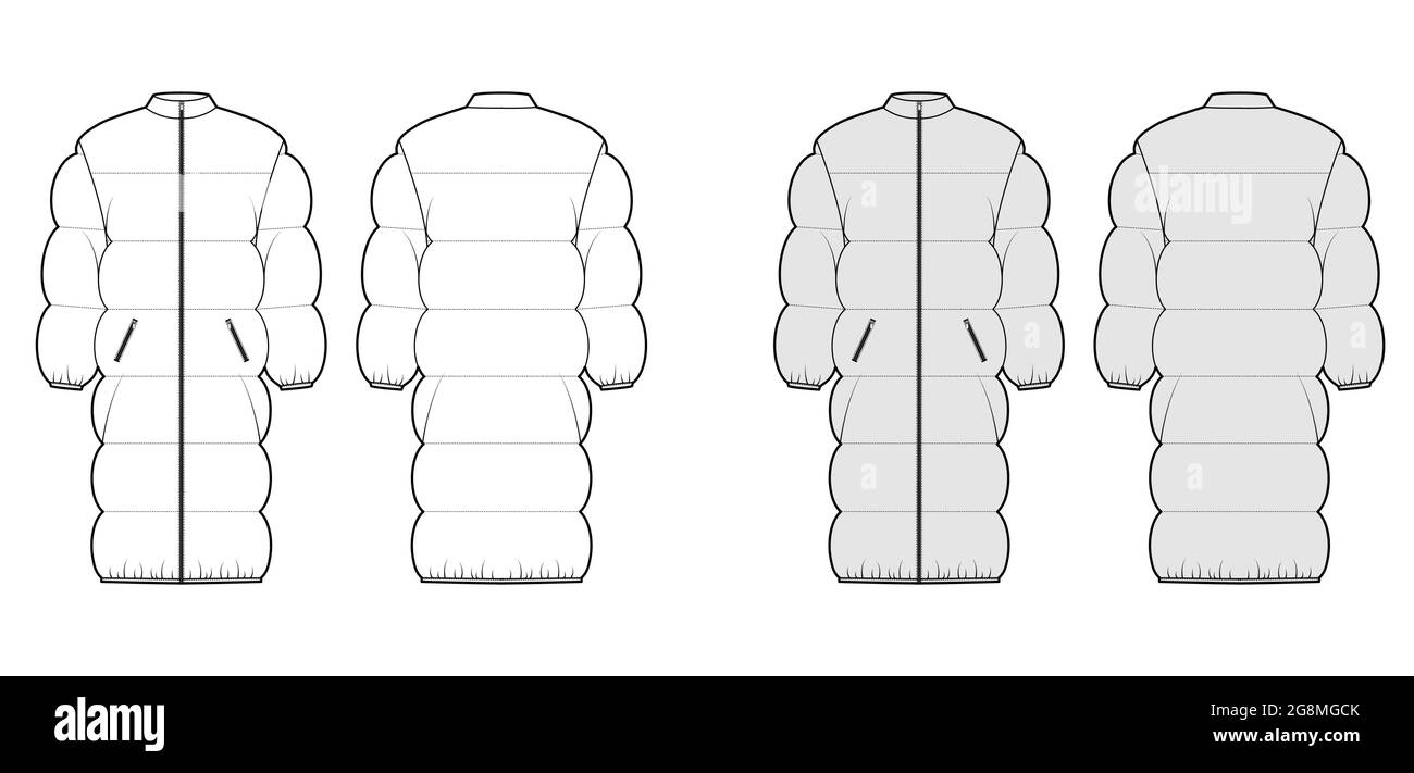 Down puffer coat jacket technical fashion illustration with long ...