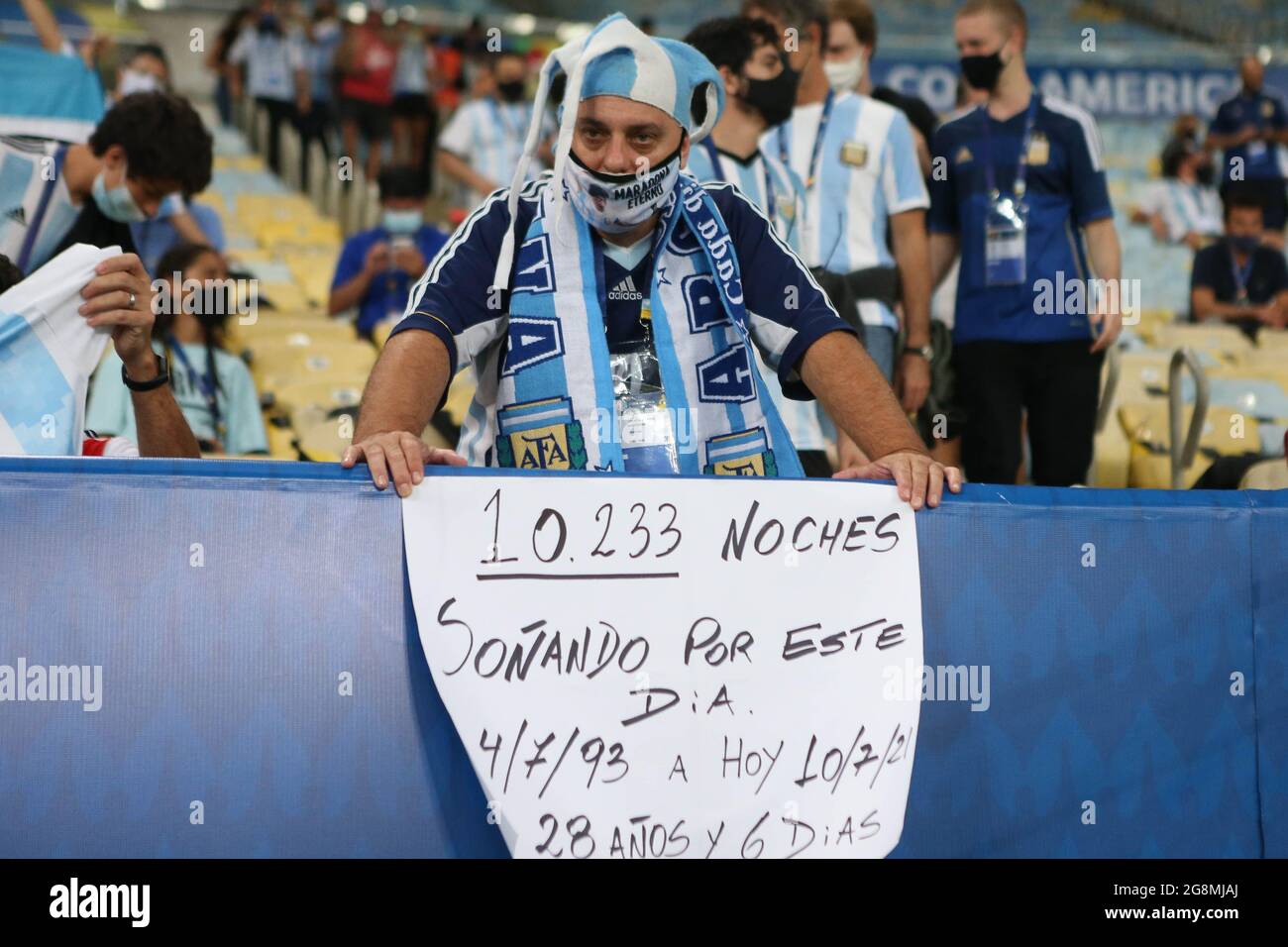 Supporters Agentins  during the Copa America 2021,final football match between Argentina and Brazil on July 10, 2021 at Estadio de Maracaná in Rio de Janeiro , BrazilSupporters of Agentina during the Copa America 2021, Final football match between Argentina and Brazil on July 11, 2021 at Maracana stadium in Rio de Janeiro, Brazil .Photographe Laurent Lairys  / DPPI Stock Photo
