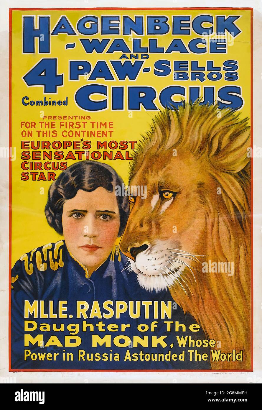Hagenbeck-Wallace and 4 paw-Sells Bros combined Circus. Feat. Mlle. Rasputin and a lion. Stock Photo