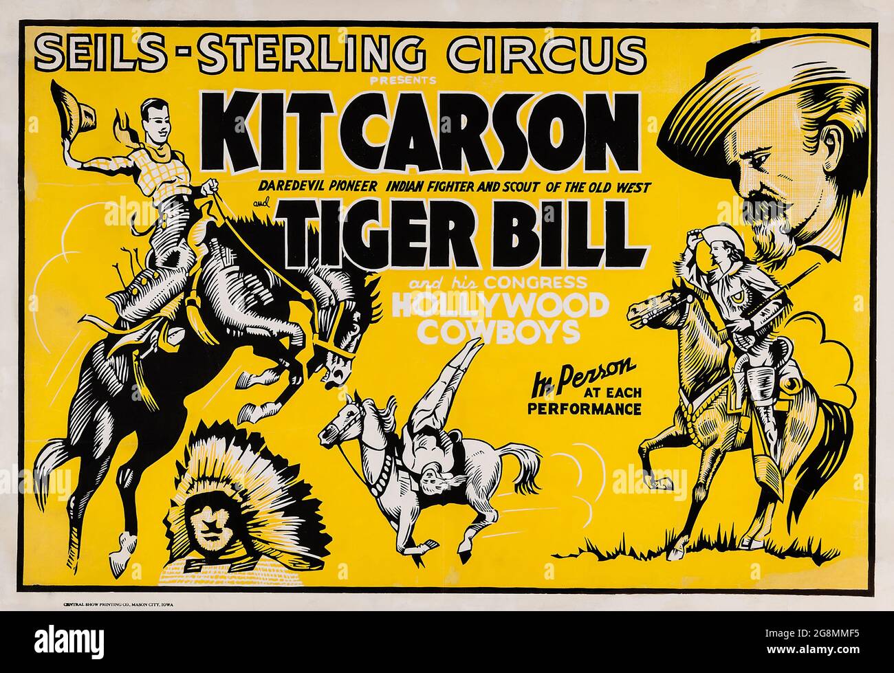 Kit Carson in the Seils-Sterling Circus (Central Show Printing Co., 1930s) Vintage Circus poster also featuring Tiger Bill. Stock Photo