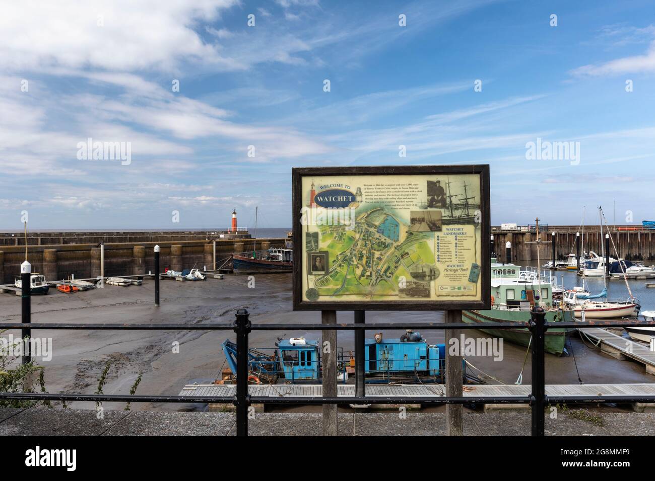 Welcome to Watchet map revealing the history of Watchet. Situated near Watchet harbour. Somerset, England, UK Stock Photo