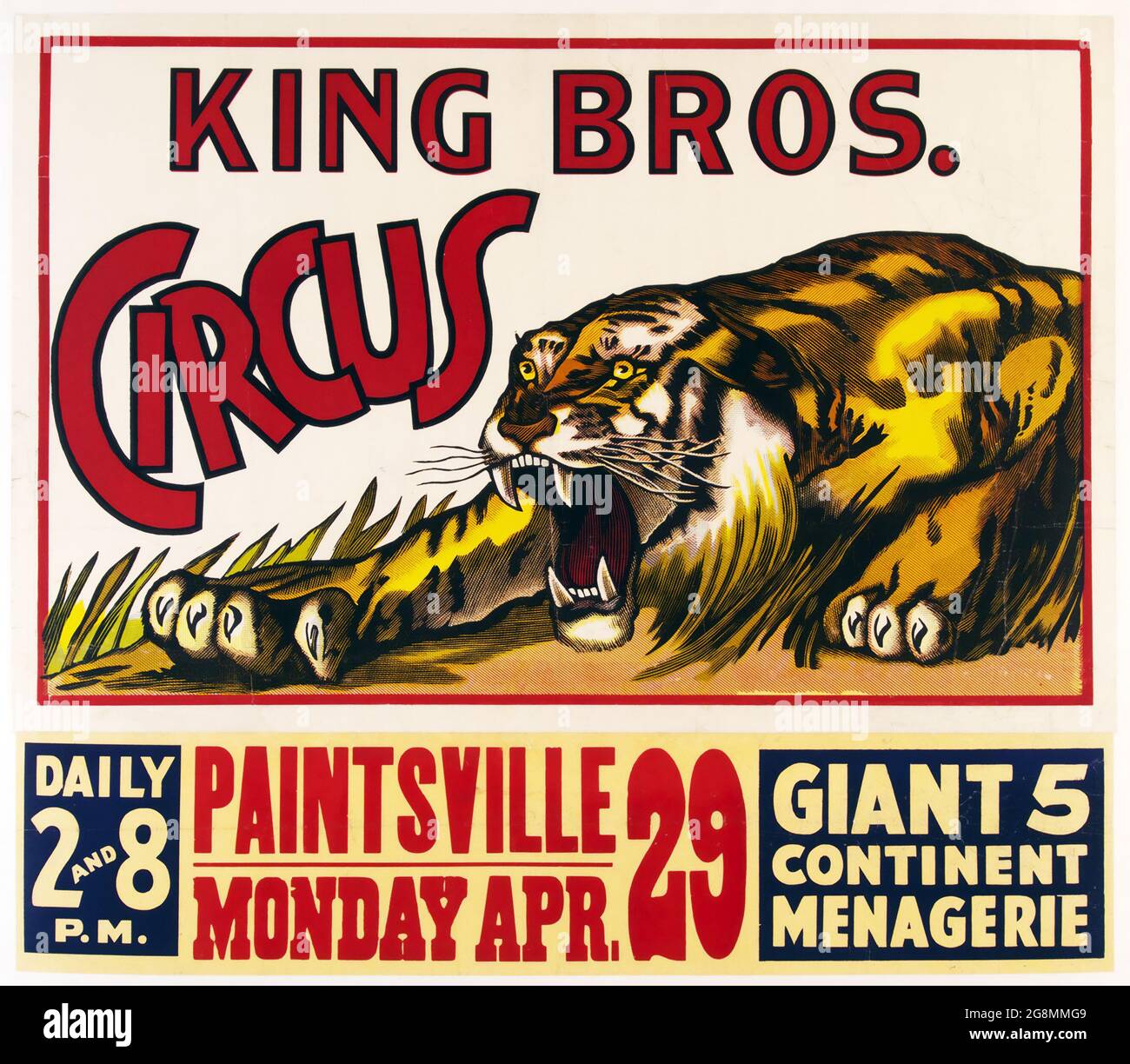 King Bros. Circus. Vintage Circus poster feat. a roaring tiger. Paintsville. Giant 5 continent menagerie. C 1935. Stock Photo