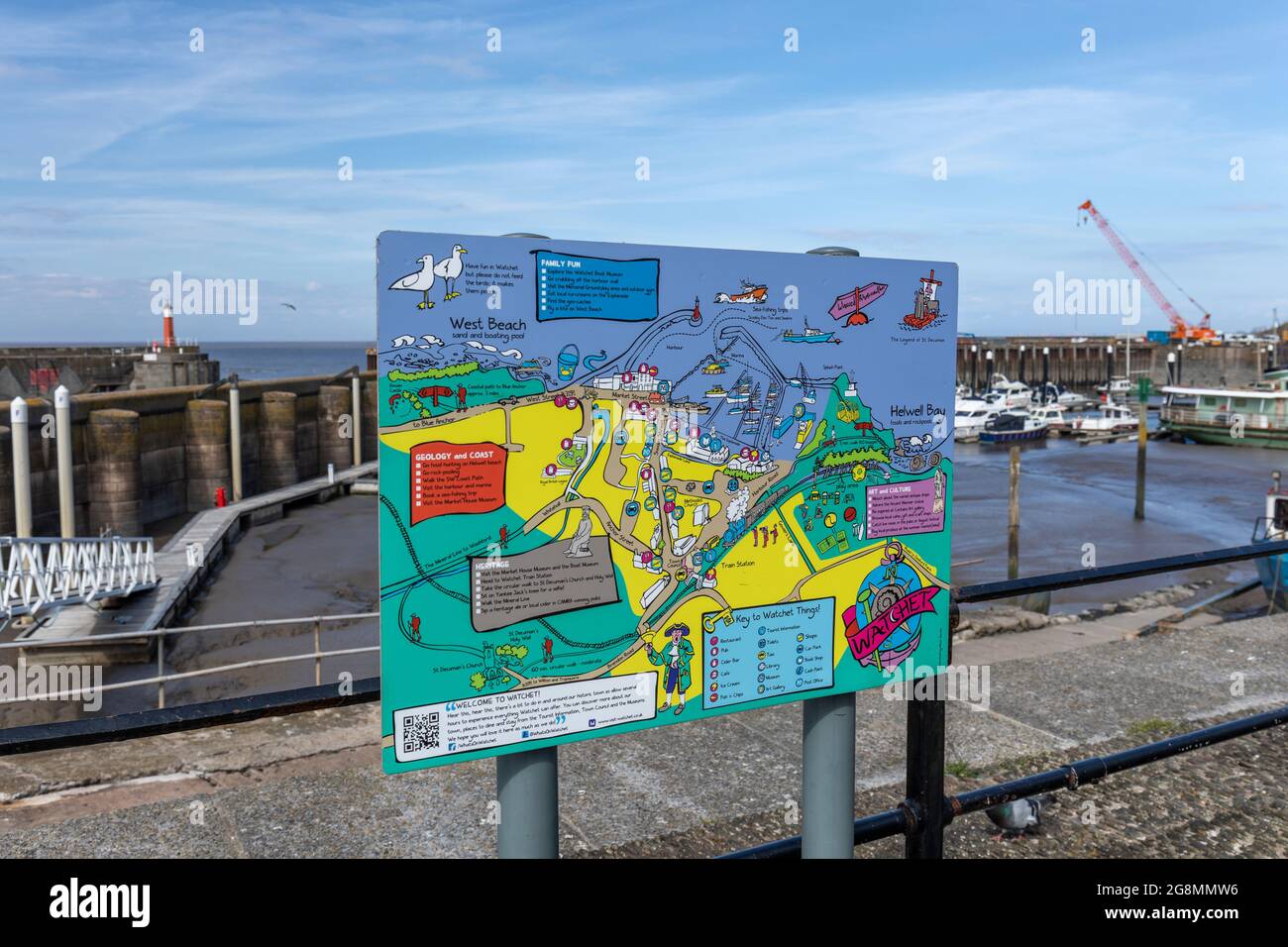 Colourful map  giving ideas of things to do in Watchet. Situated near Watchet harbour. Somerset, England, UK Stock Photo