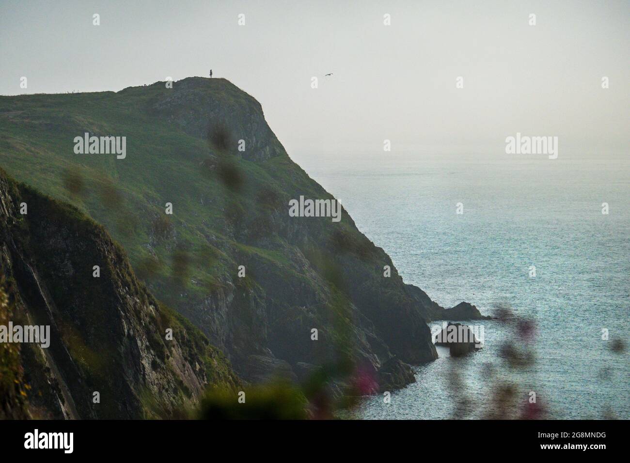 A lone figure on a cliff top overlooking the sea Stock Photo
