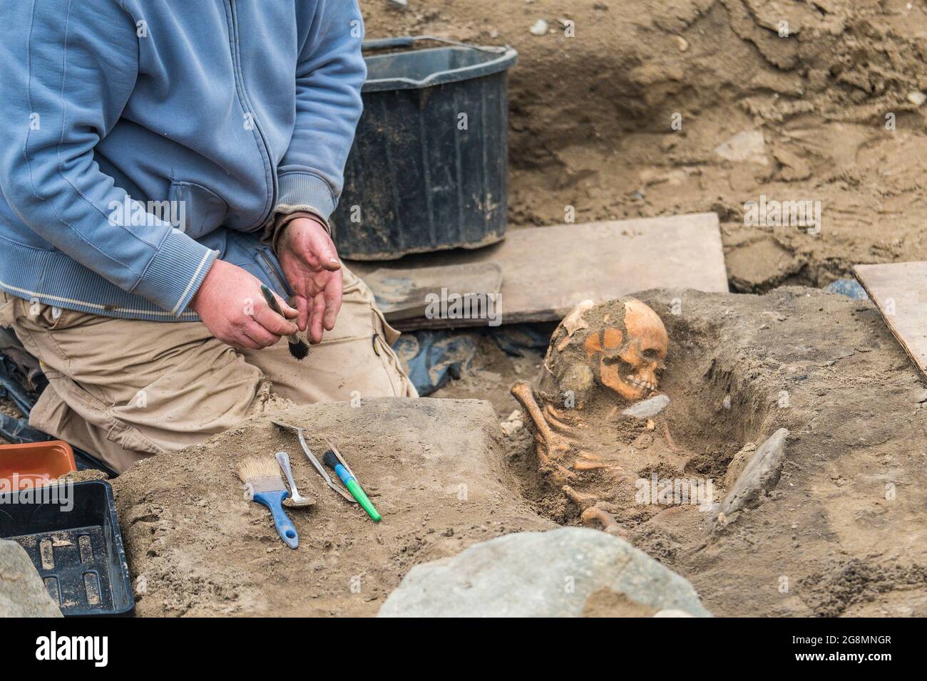 Archaeological dig at Whitesands Bay in Pembrokeshire. The dig at St Patrick's Chapel has exposed several hundred skeletons Stock Photo