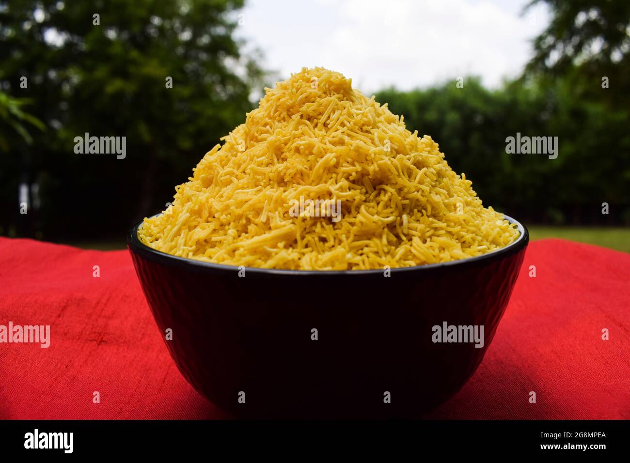 Side view of Nylon sev namkeen also known as Jheeni sev or Barik sev ...