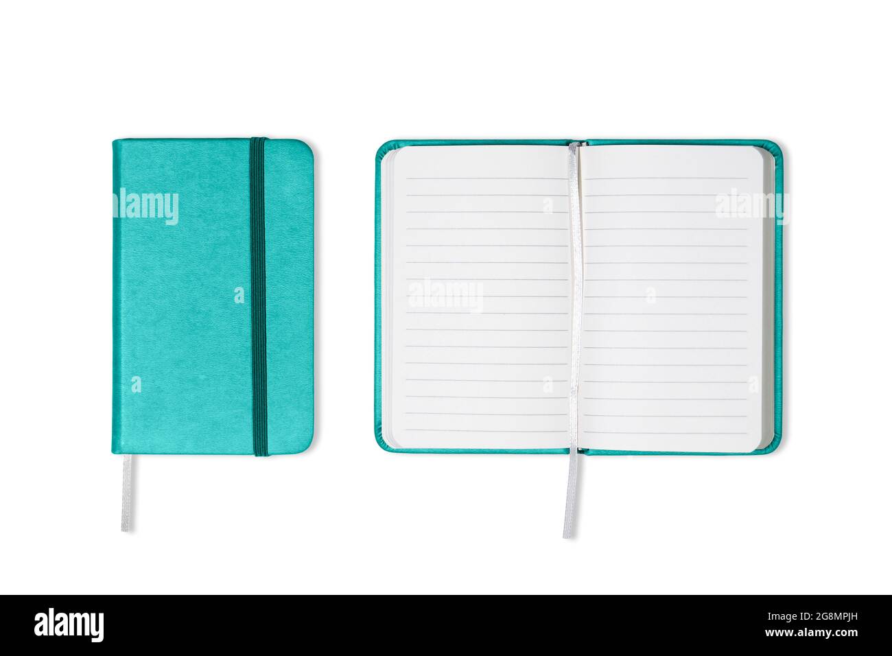 Top view of blue office notebook and open and closed isolated on white background for mockup Stock Photo