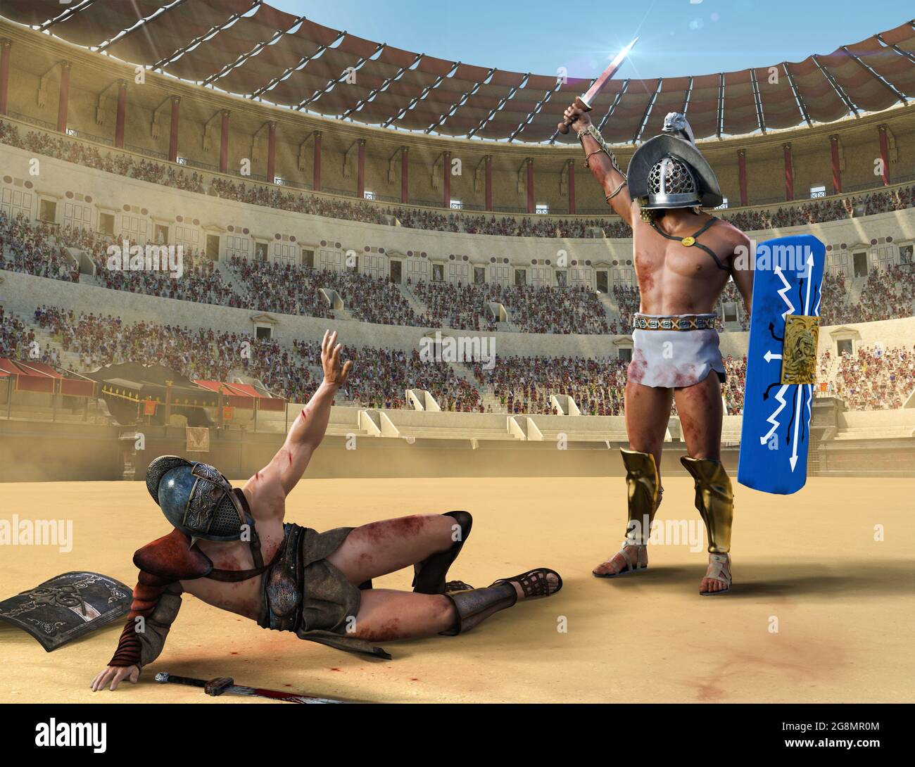 Gladiator fight in an ancient Roman colosseum. One gladiator on the ground begging for mercy, the other is victorious, 3d render. Stock Photo