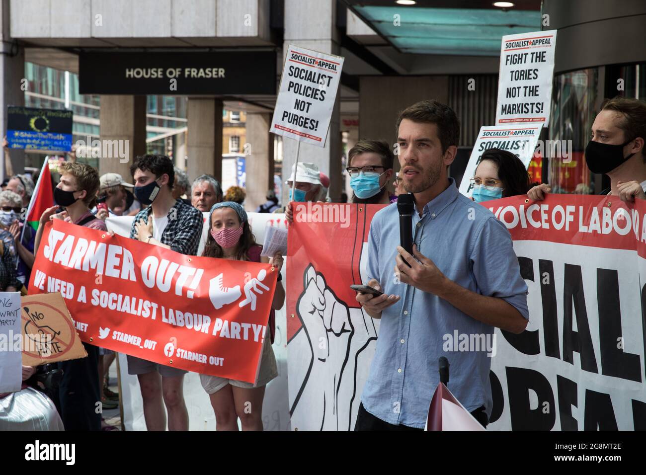 London, UK. 20th July, 2021. Adam Booth of Socialist Appeal addresses ...