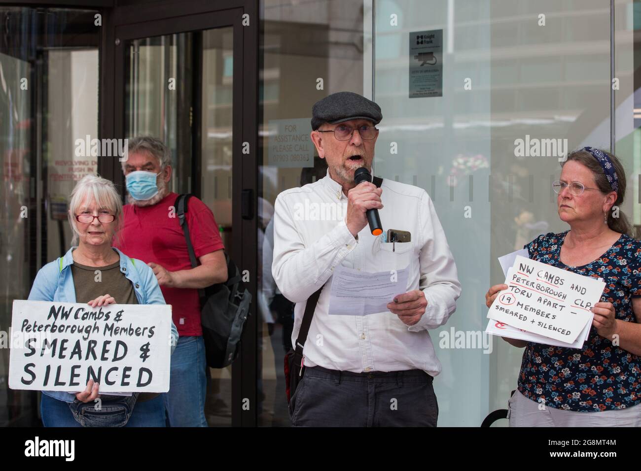 London, UK. 20th July, 2021. Members of North-West Cambridgeshire and Peterborough CLPs address supporters of left-wing Labour Party groups at a protest lobby outside the party's headquarters. The lobby was organised to coincide with a Labour Party National Executive Committee meeting during which it was asked to proscribe four organisations, Resist, Labour Against the Witchhunt, Labour In Exile and Socialist Appeal, members of which could then be automatically expelled from the Labour Party. Credit: Mark Kerrison/Alamy Live News Stock Photo