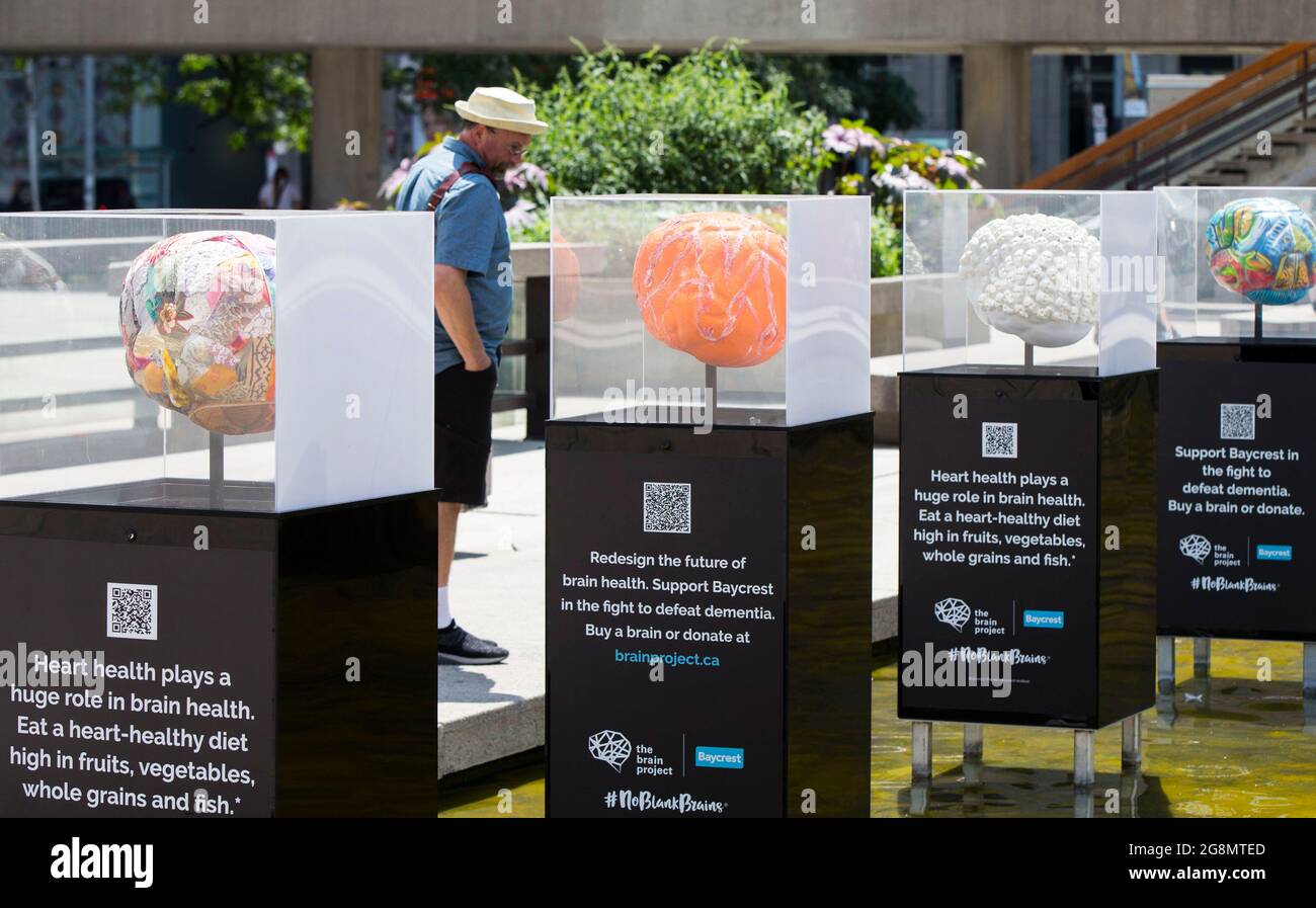 Toronto, Canada. 21st July, 2021. A man looks at brain sculptures at ...