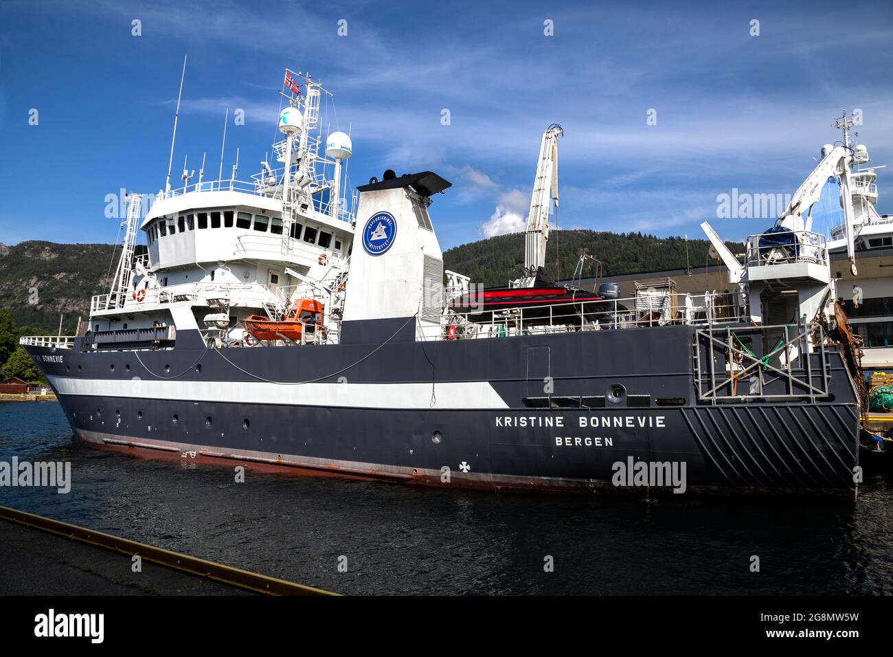 Ocean research and survey vessel Kristine Bonnevie in the port of Bergen, Norway. Stock Photo