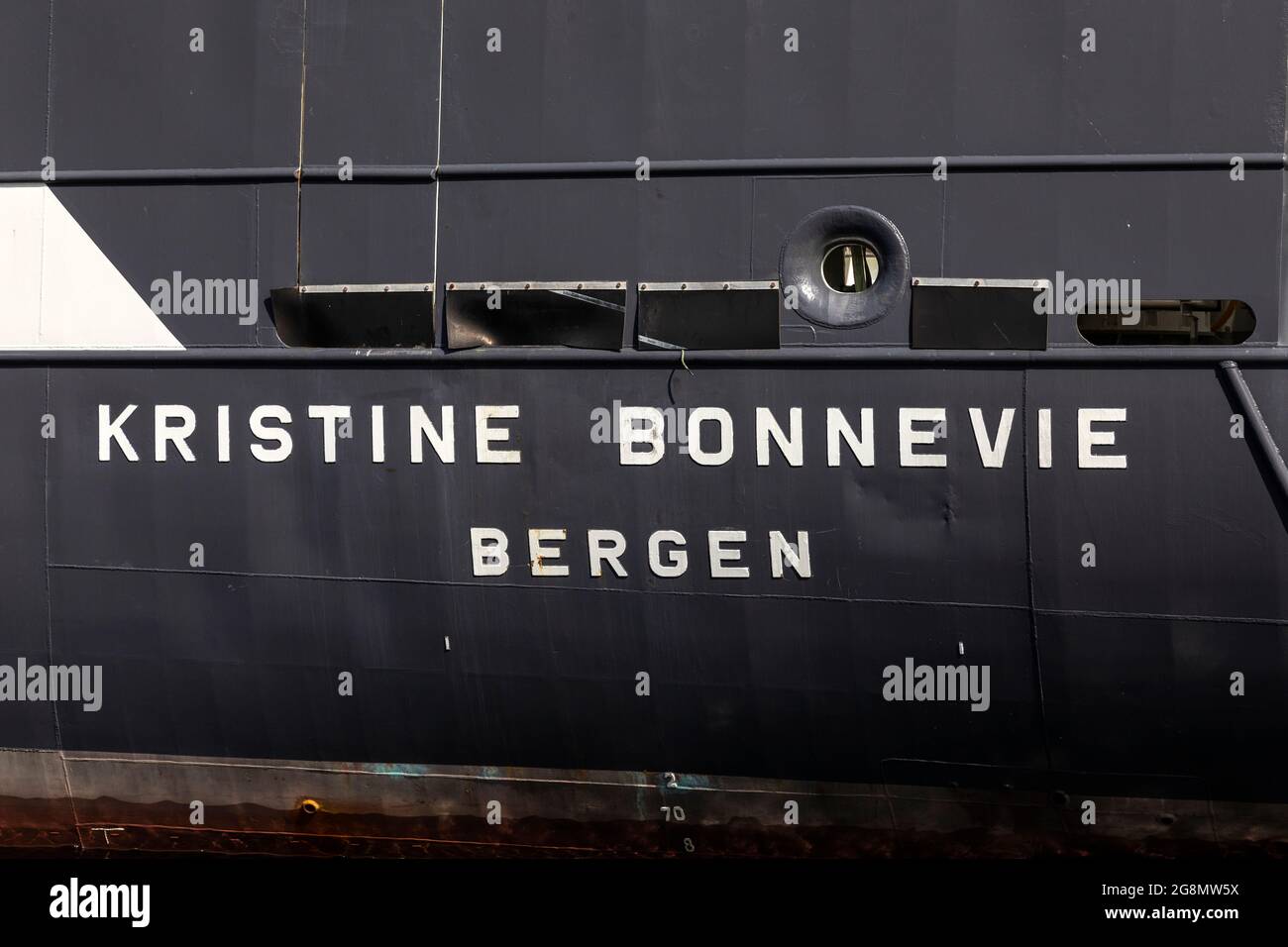 Detail from hull and vessel name of ocean research and survey vessel Kristine Bonnevie in the port of Bergen, Norway. Stock Photo