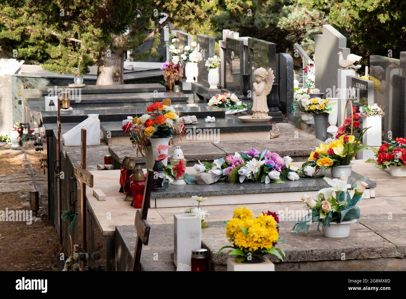 Vodice, Croatia - July 8, 2021: Cemetery on a sunny day Stock Photo