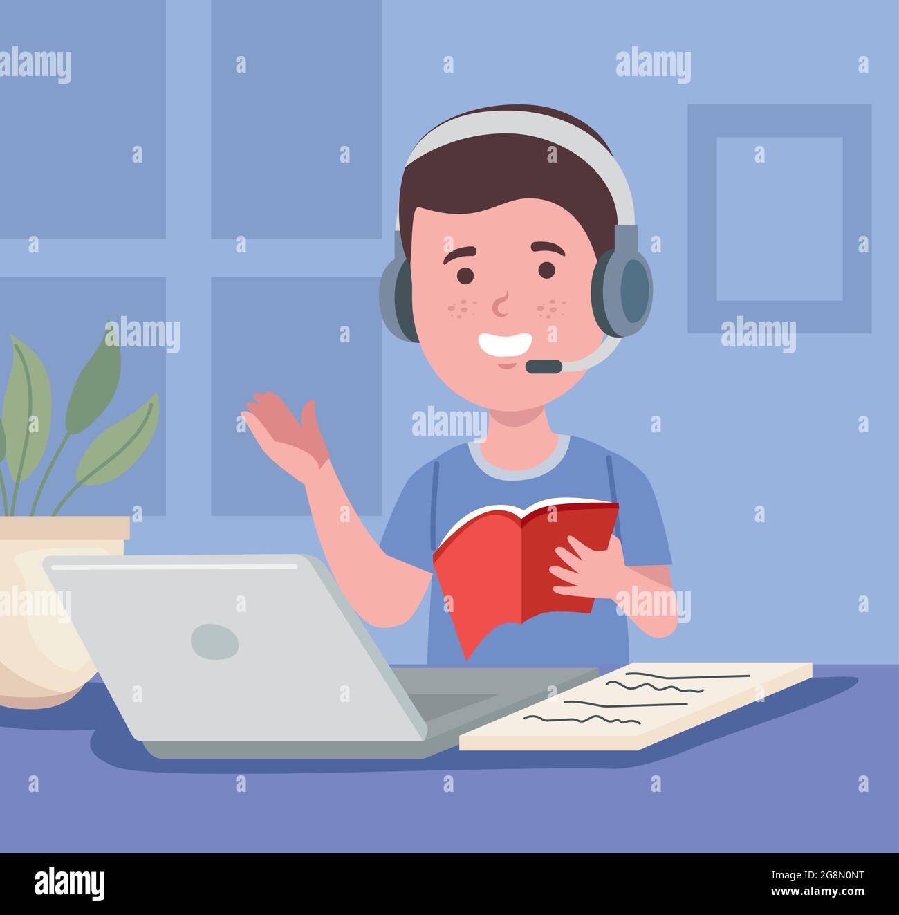Boy with laptop in headphones Stock Vector Images - Alamy