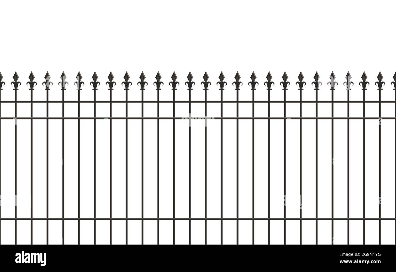 Metal fence, spike lattice bars. Iron gate, vector illustration. Safety barrier graphic black garden or house security Stock Vector