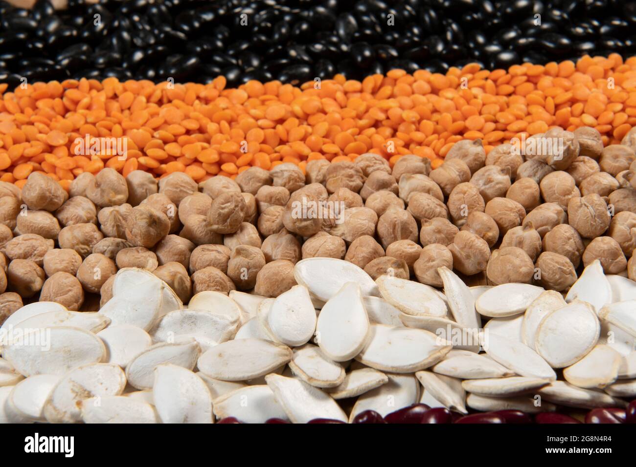 Collection of different cereal varieties and edible dry seeds. Examples