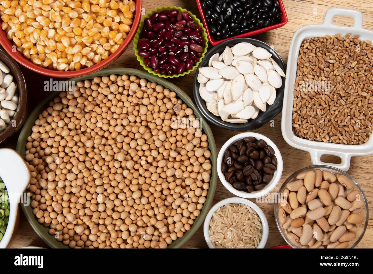 Collection of different cereal varieties and edible dry seeds. Examples