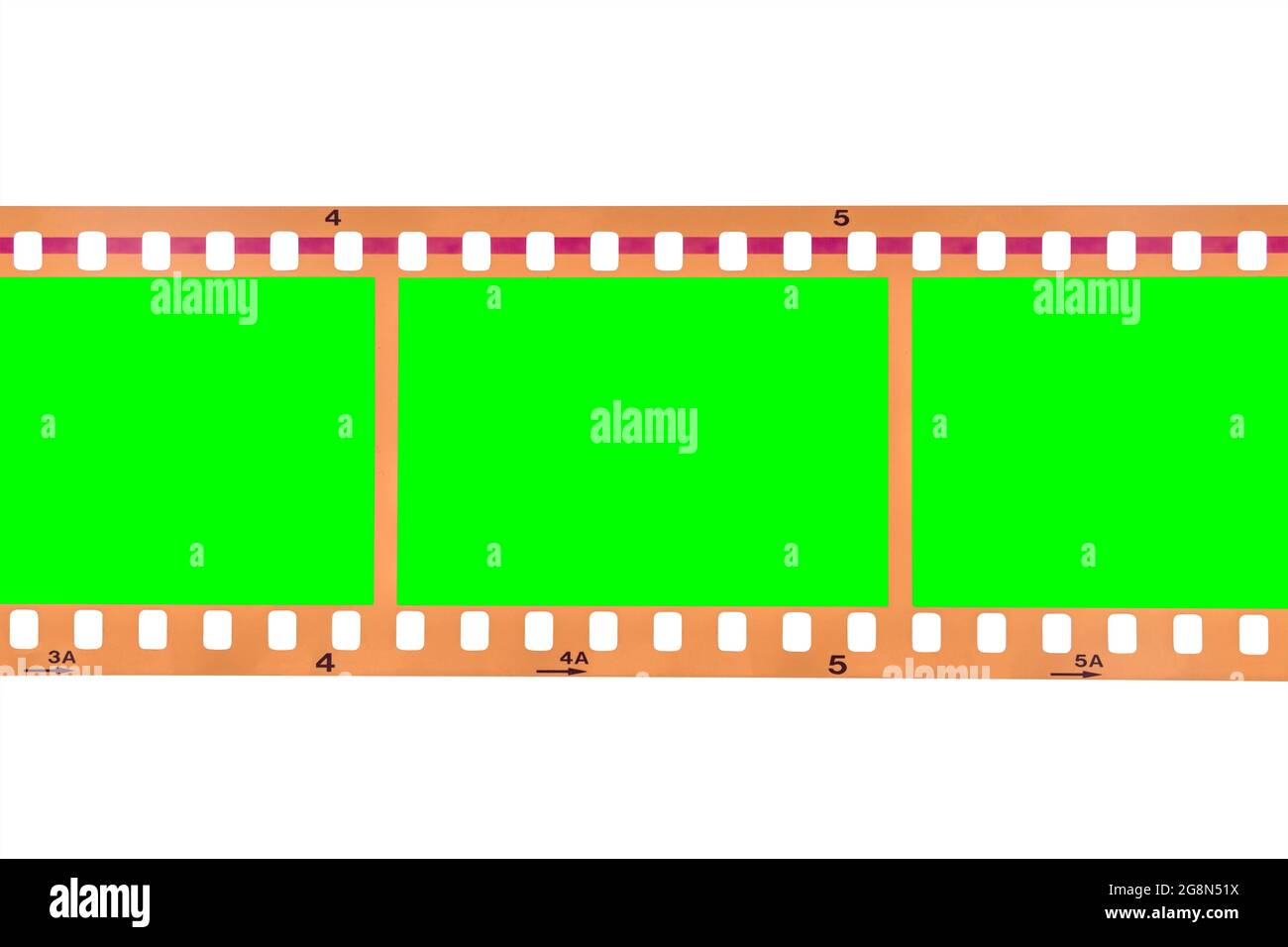 Vintage film strip isolated on white with chroma green screen frames. Stock Photo