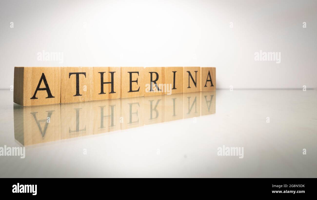 The name Atherina was created from wooden letter cubes. Seafood and food. close up. Stock Photo