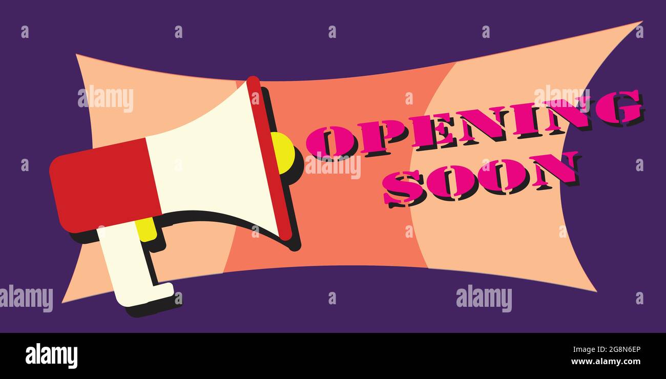 Purple vector banner opening soon with megaphone Stock Vector