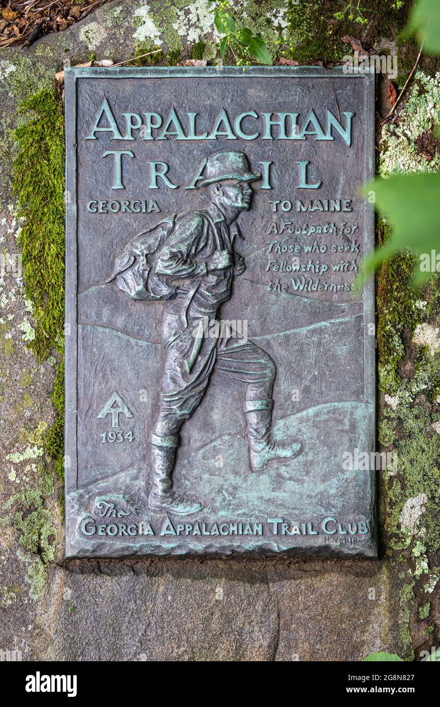 Appalachian Trail bronze plaque at Neels Gap on the Eastern side of Blood Mountain near Blairsville, Georgia. (USA) Stock Photo