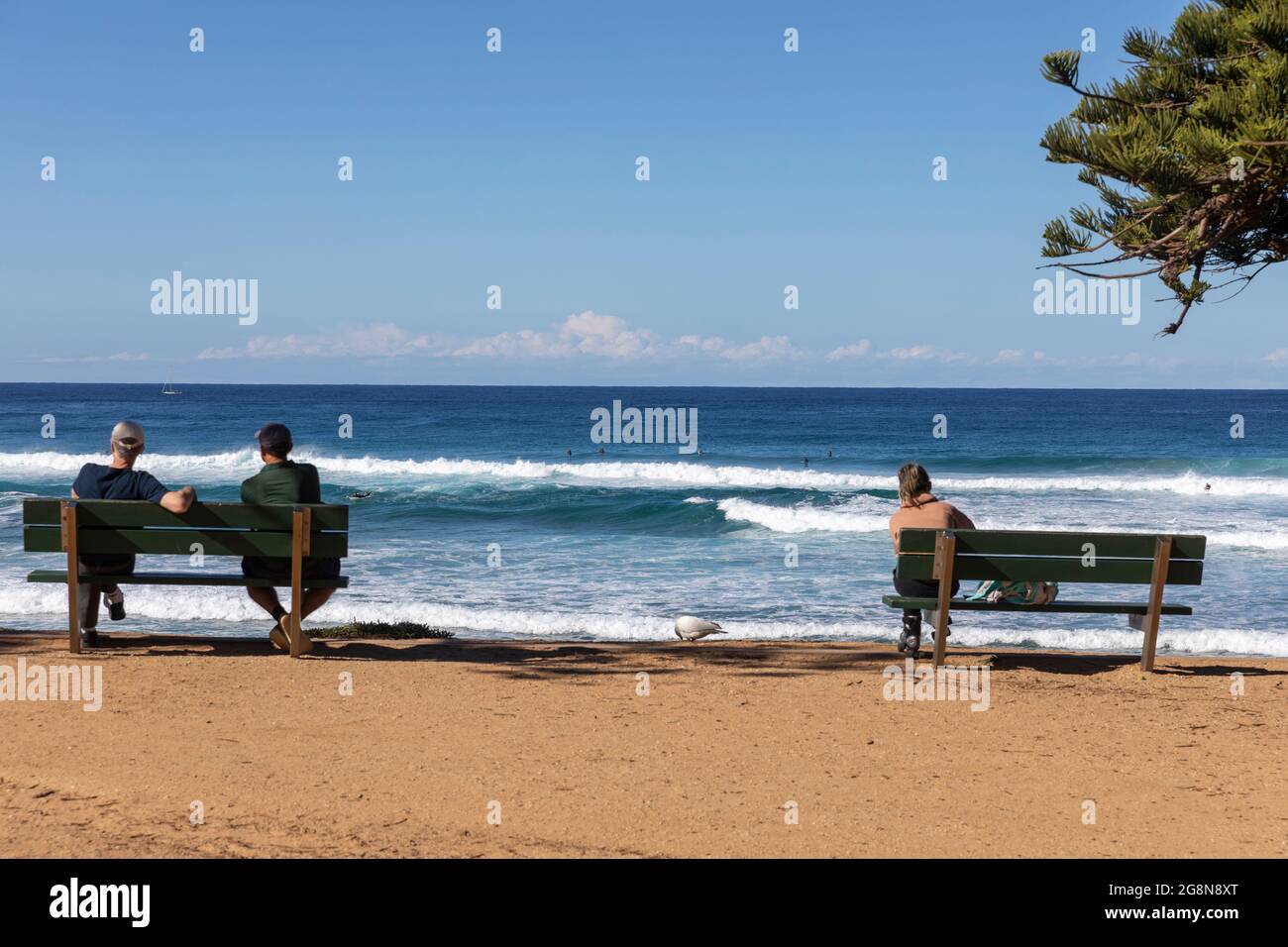 Avalon Beach on a sunny winters day in Sydney, during the COVID 19 lockdown in Greater Sydney, people take time to sit and enjoy view of the ocean Stock Photo