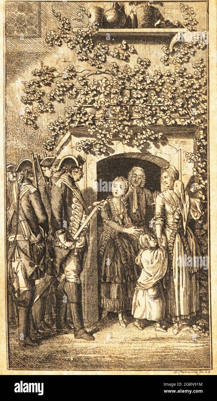 A family evicted from a rural vicarage, 18th century.. The family stands in a doorway as soldiers with drawn swords and muskets threaten them. Copperplate engraving drawn and engraved by Daniel Nikolaus Chodowiecki from Friedrich Nicolai's Das Leben und die Meinungen des Herrn Magister Sebaldus Nothanker, Friedrich Nicolai, Berlin, 1773. Stock Photo