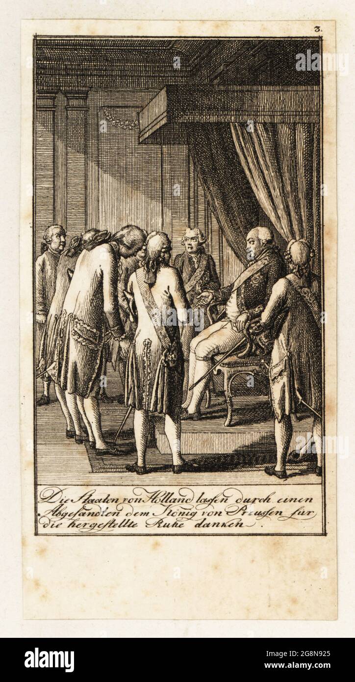 The States of Holland ambassadors thank Frederick William II, King of Prussia, after the Prussian invasion of Holland 1787. Copperplate engraving drawn and etched by Daniel Nikolaus Chodowiecki from 12 Blätter Darstellungen aus der neuen Geschichte, 12 Pictures Illustrating Modern History, Germany, 1789. Stock Photo