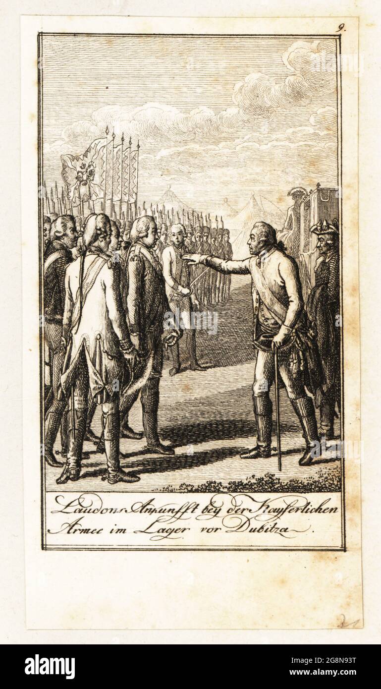Ernst Gideon von Laudon arrives at the Imperial Army camp near Dubica, Austro-Turkish War, 1788-91. The aged and sick von Laudon returns with walking stick to command the Austrian army against the Turks.. Laudons Ankunft bey der Kaiserlichen Armee im Lager vor Dubitza. Copperplate engraving drawn and etched by Daniel Nikolaus Chodowiecki from 12 Blätter Darstellungen aus der neuen Geschichte, 12 Pictures Illustrating Modern History, Germany, 1789. Stock Photo