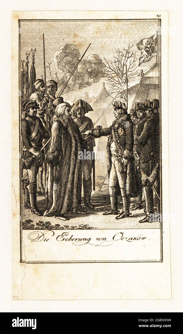 A Turk in turban and fur coat surrenders to a Russian officer after the Siege of Ochakiv .The Russian army took the fortress of Ochakiv from the Ottoman Empire, 1788. Der Eroberung von Oczahow. Copperplate engraving drawn and etched by Daniel Nikolaus Chodowiecki from 12 Blätter Darstellungen aus der neuen Geschichte, 12 Pictures Illustrating Modern History, Germany, 1789. Stock Photo