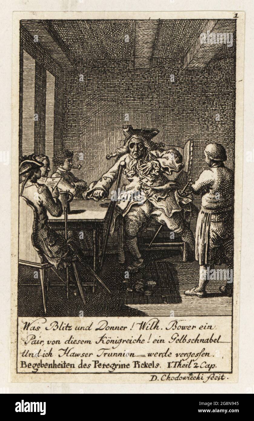 Commodore Hawser Trunnion, an old one-eyed seaman, jumping up cursing at a tavern table. A scene from Tobias Smollett's picaresque novel The Adventures of Peregrine Pickle. Copperplate engraving drawn and engraved by Daniel Nikolaus Chodowiecki, 1785. Stock Photo