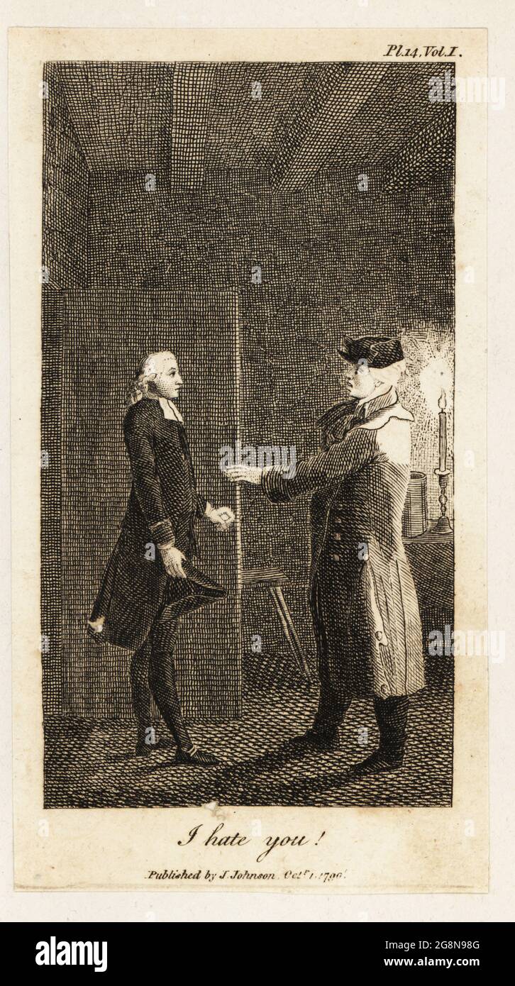 Two men arguing in a candlelit room, 18th century. The curate is falsely accused by his suspicious brother of treachery. I hate you! Pl. 14, Vol. 1. Copperplate engraving by William Blake after an illustration by Daniel Nikolaus Chodowiecki from Mary Wollstonecraft's translation of Christian Gotthilf Salzmann's Elements of Morality, London, 1791. Stock Photo