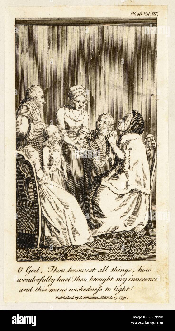 Women and children seated in a parlor, 18th century. A maid shows Mrs. Sandford the note of debt stolen by the miser Mr. Skinpenny. O God, thou knowest all things, how wonderfully hast Thou brought my innocence and this man's wickedness to light! Copperplate engraving by William Blake after an illustration by Daniel Nikolaus Chodowiecki from Mary Wollstonecraft's translation of Christian Gotthilf Salzmann's Elements of Morality, London, 1791. Stock Photo