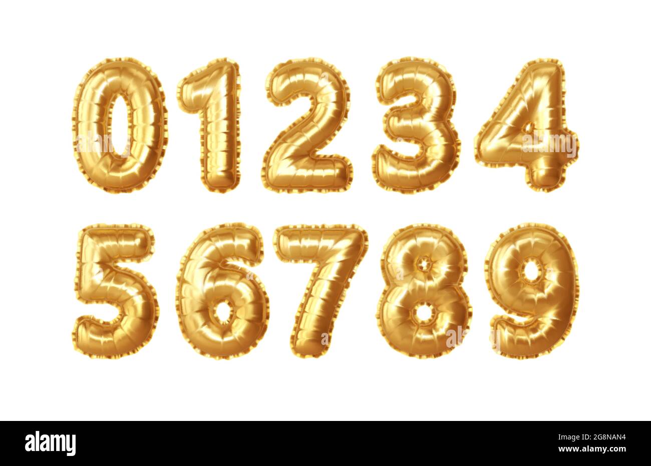 Set of 0,1,2,3,4,5,6,7,8,9 numbers of gold foil balloons. Golden realistic numbers balloons for numbering anniversary, birthday, new year. Vector Stock Vector