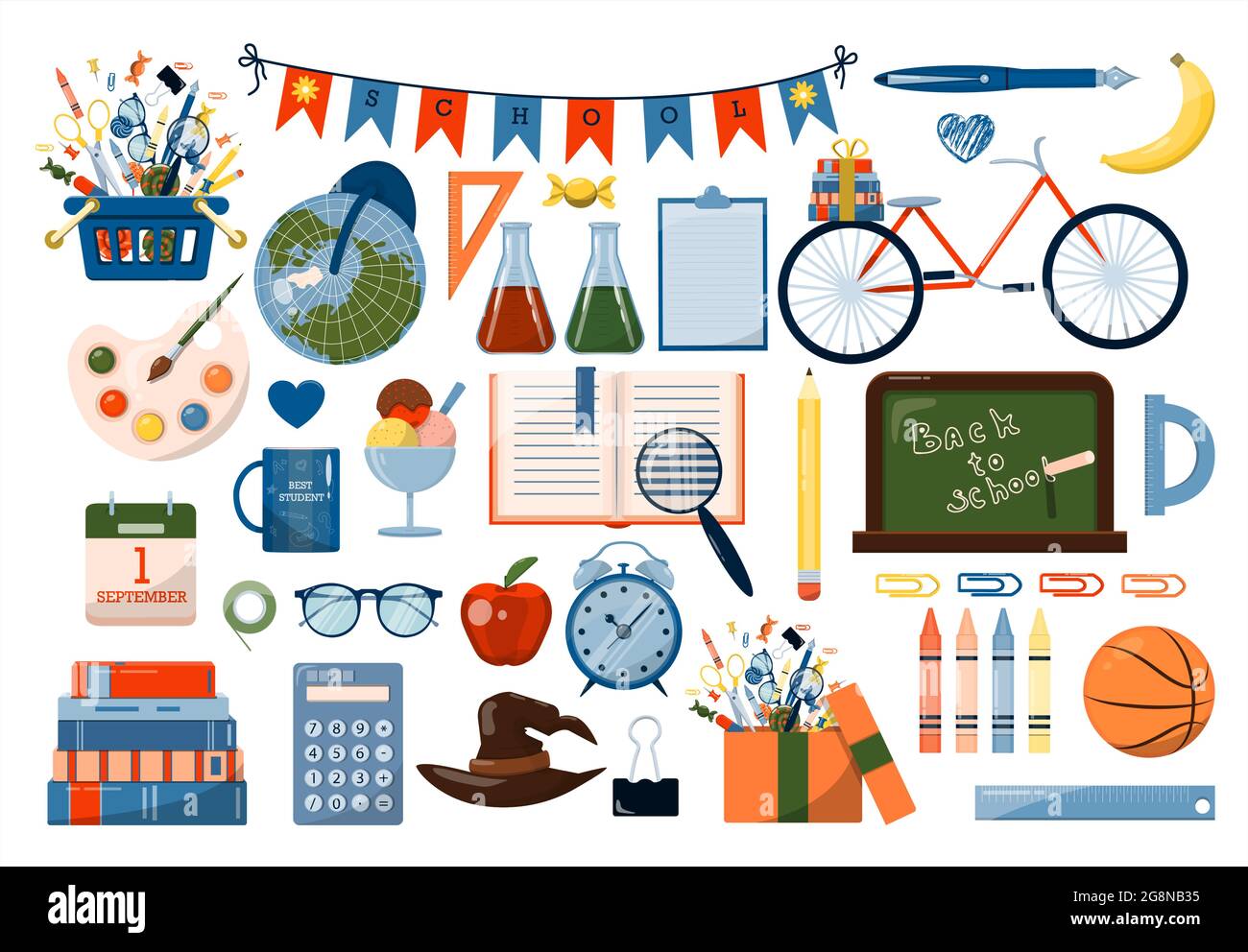 Back to school. Big vector set. Stationery for school, university and office.  Cartoon school supplies. A set of colored icons. Flat illustrations for  Stock Vector Image & Art - Alamy