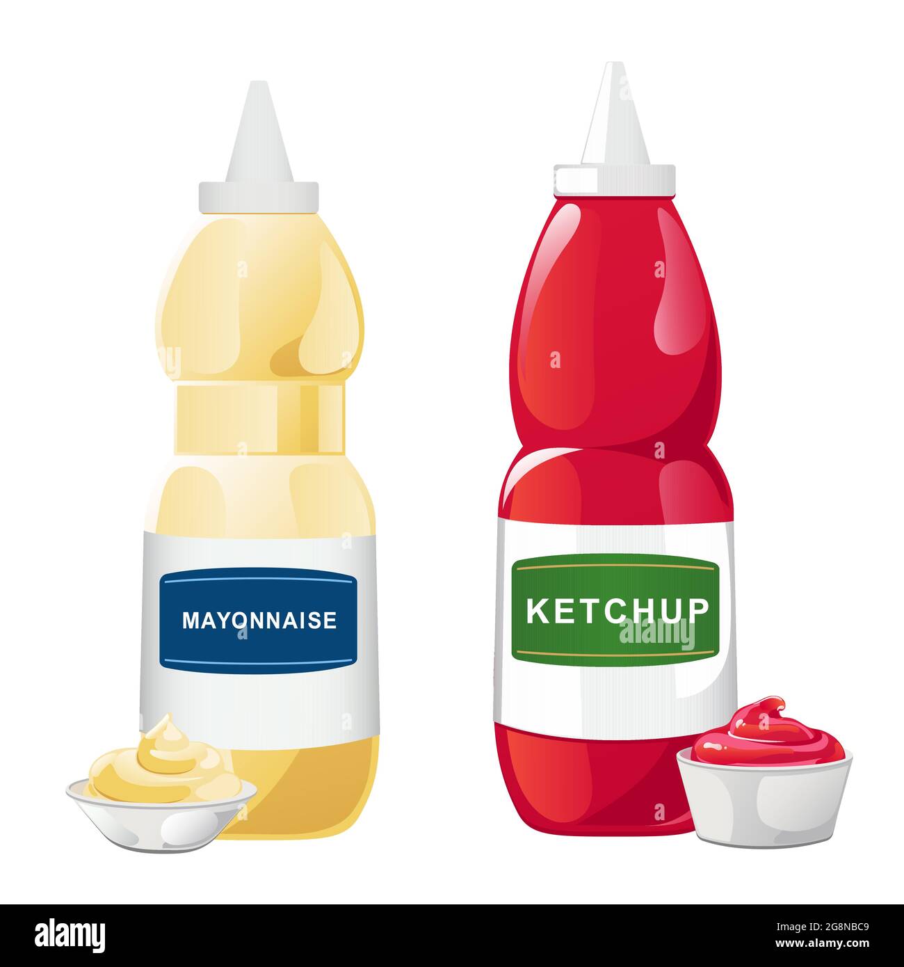 Ketchup and mayonnaise in the bottles with label set. Vector illustration in flat cartoon style