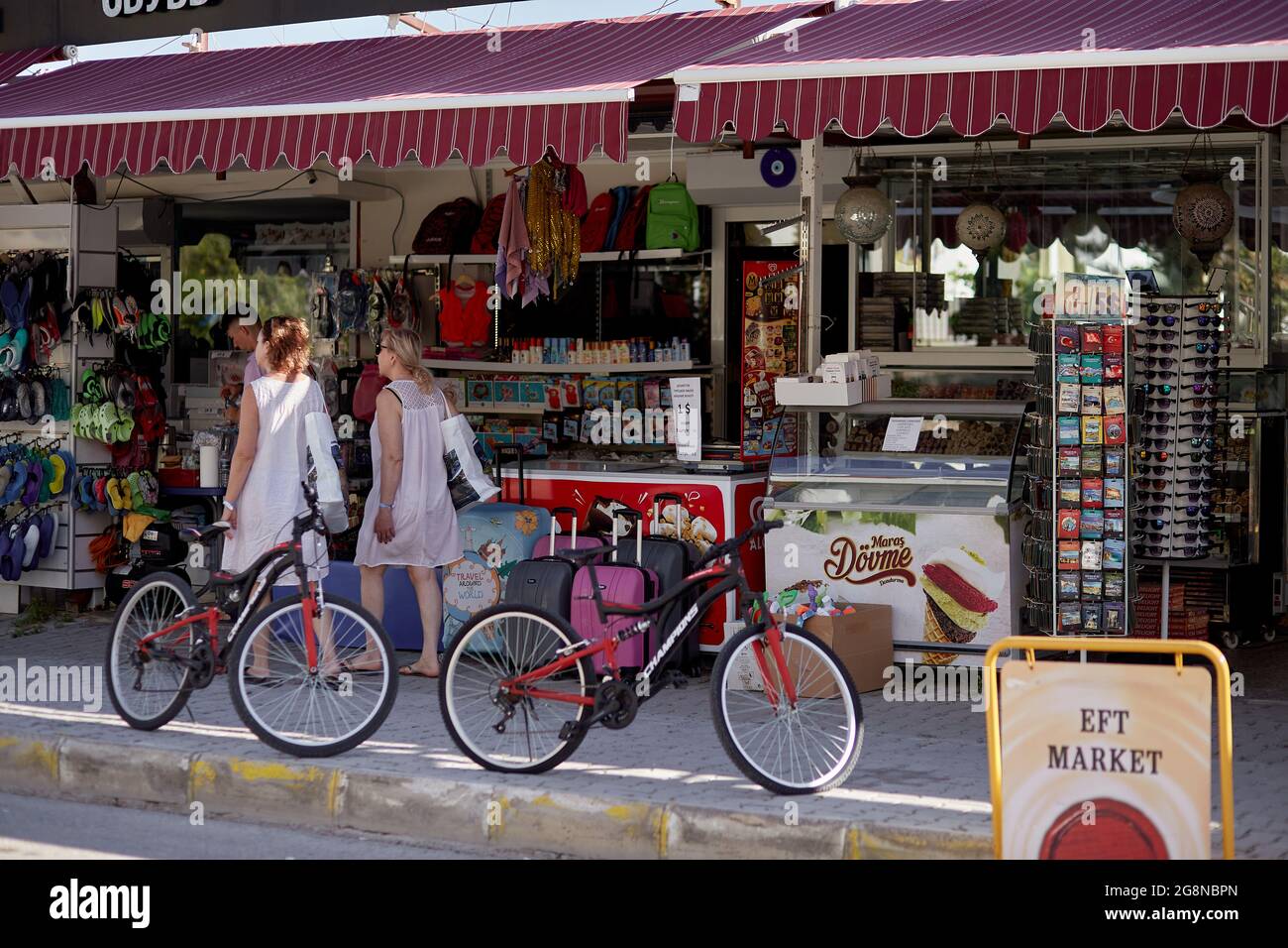 Kemer, Turkey - May 24, 2021: Street tourist market with souvenirs in the Mediterranean area. Tourist place during covid time. Antalya region. Local m Stock Photo