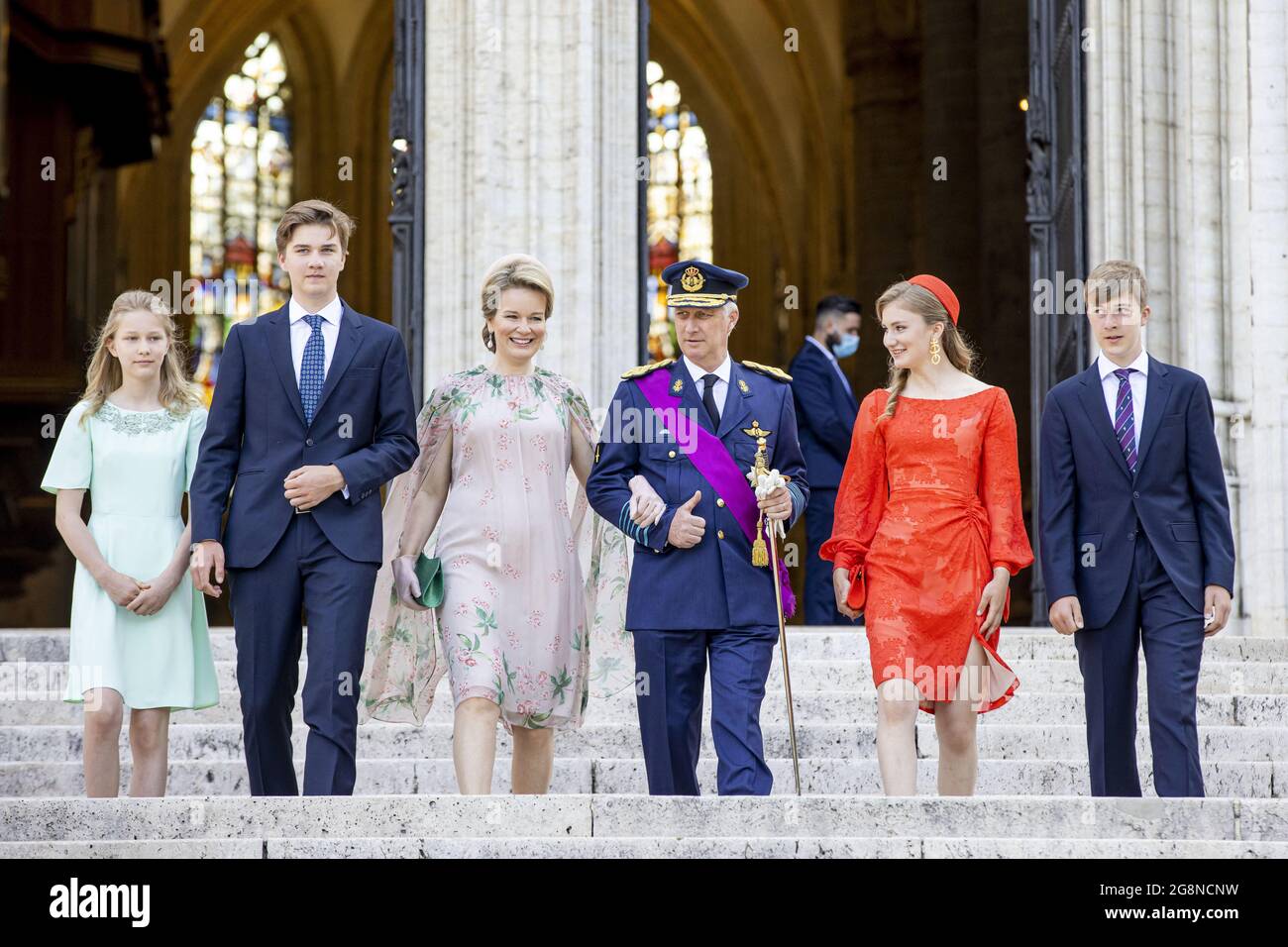 King Philippe of Belgium, Queen Mathilde of Belgium, Princess Elisabeth of Belgium, Prince Gabriel of Belgium, Prince Emmanuel of Belgium and Princess Eleonore of Belgium attend the Te Deum Mass at the National day in the Cathedral on July 21, 2021 in Brussels, Belgium. robin utrecht Photo by Robin Utrecht/ABACAPRESS.COM Stock Photo