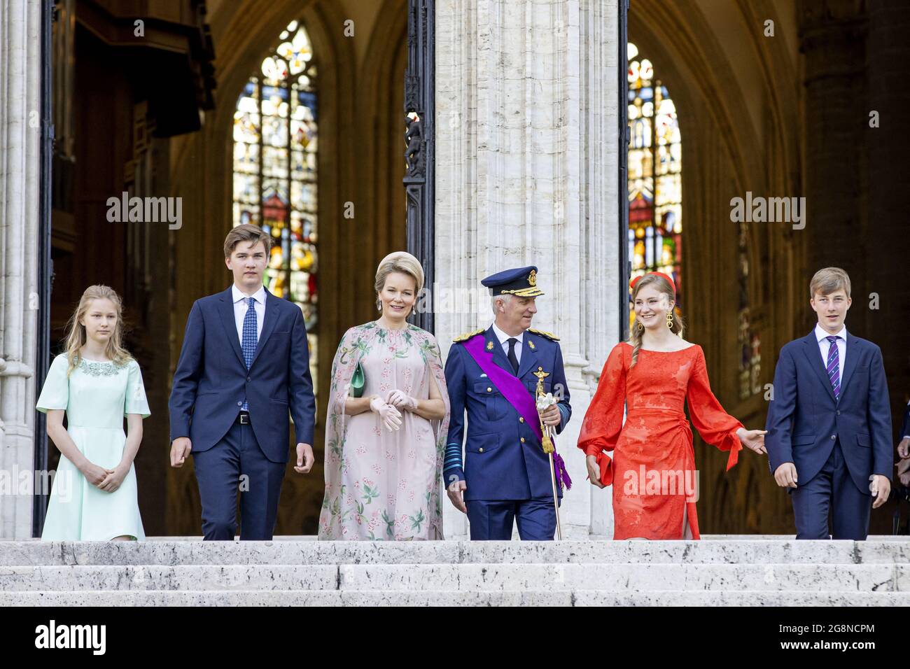 King Philippe of Belgium, Queen Mathilde of Belgium, Princess Elisabeth of Belgium, Prince Gabriel of Belgium, Prince Emmanuel of Belgium and Princess Eleonore of Belgium attend the Te Deum Mass at the National day in the Cathedral on July 21, 2021 in Brussels, Belgium. robin utrecht Photo by Robin Utrecht/ABACAPRESS.COM Stock Photo