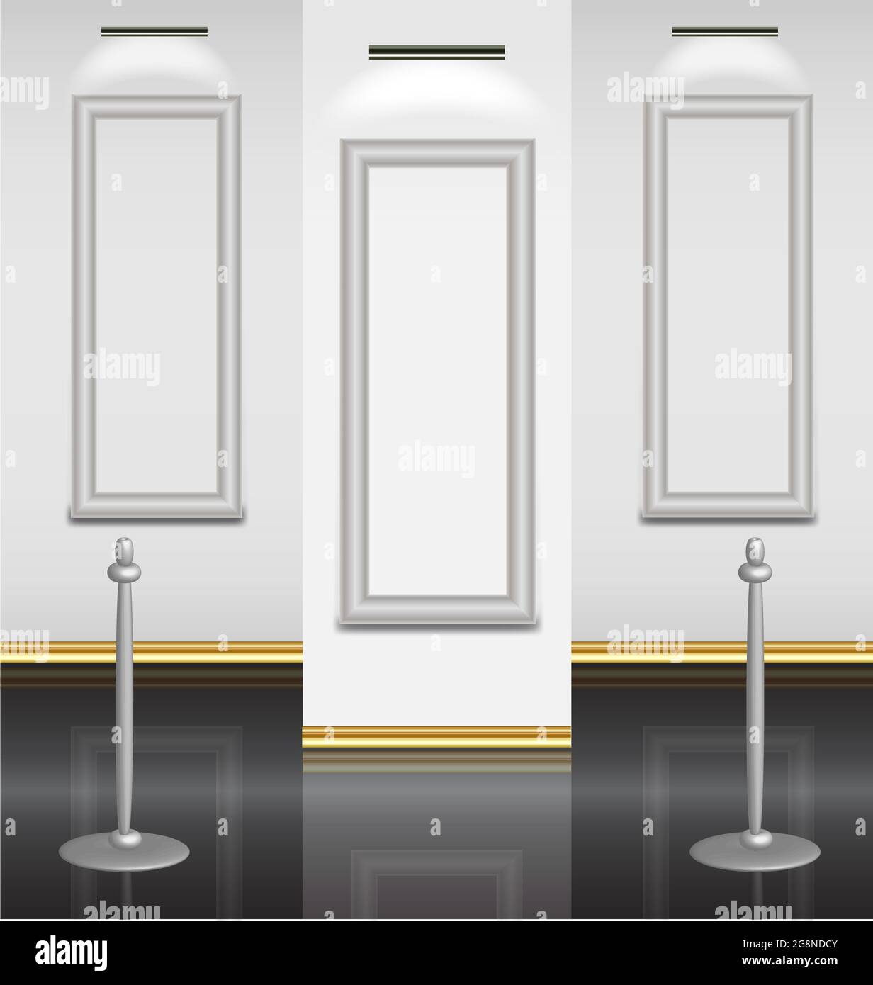 Virtual museum exposition hall with three empty highlighted frames ready for picture framing Stock Vector