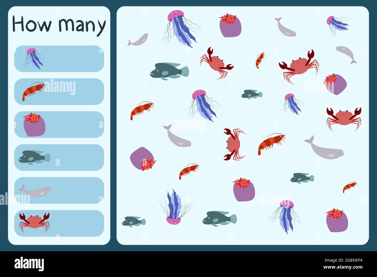 Kids mathematical mini game - count how many sea animals - jellyfish, shrimp, anemone, humphead wrasse, beluga whale, crab. Educational games for children. Cartoon design template Stock Vector
