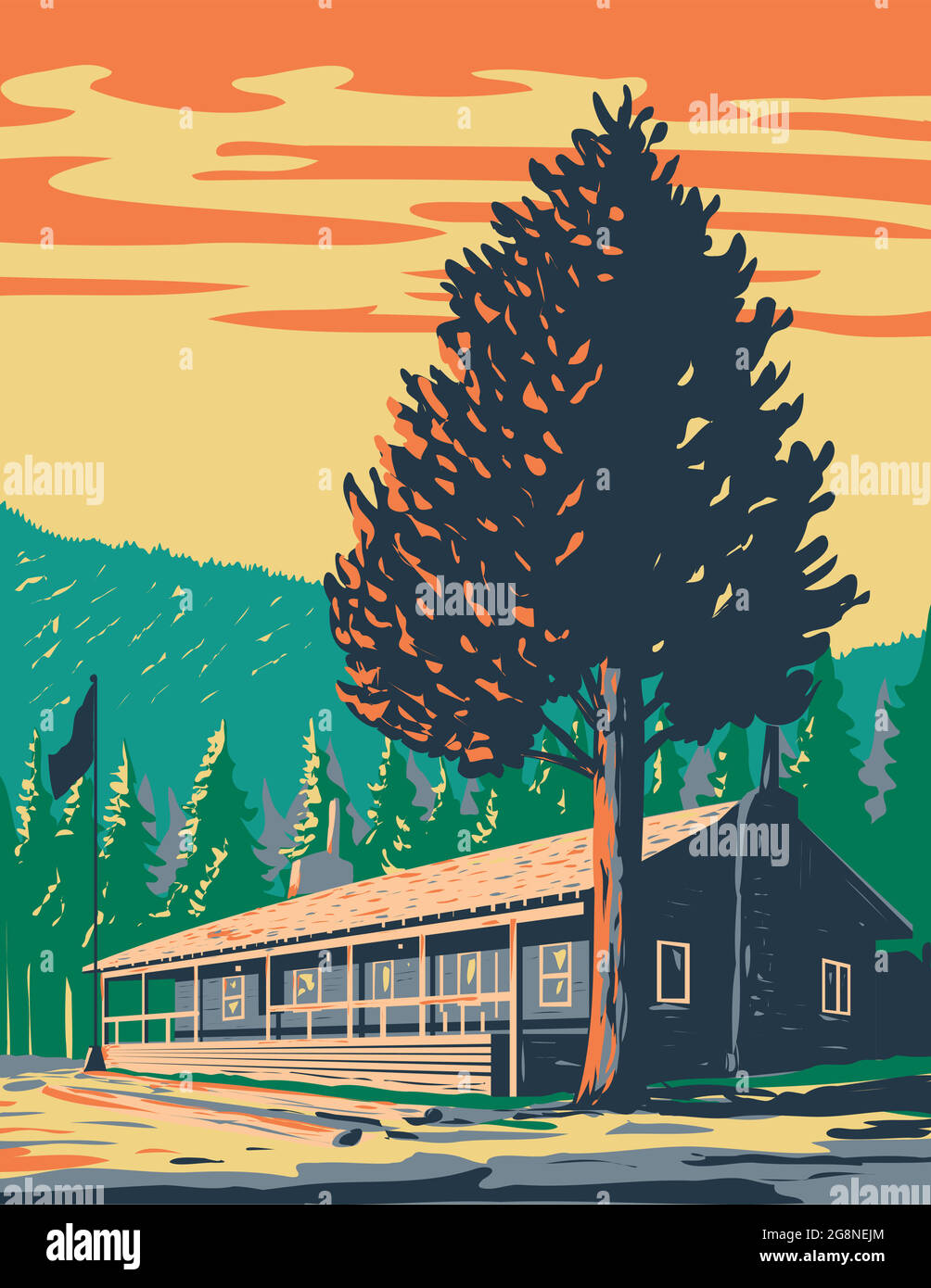WPA poster art of Roosevelt Lodge Cabins located in the Tower-Roosevelt area in Yellowstone National Park, Wyoming USA done in works project administr Stock Vector